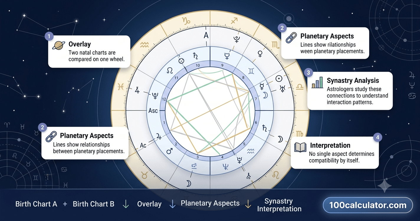 One person's birth chart overlaid on another's, with connecting lines showing the aspects formed between their planets