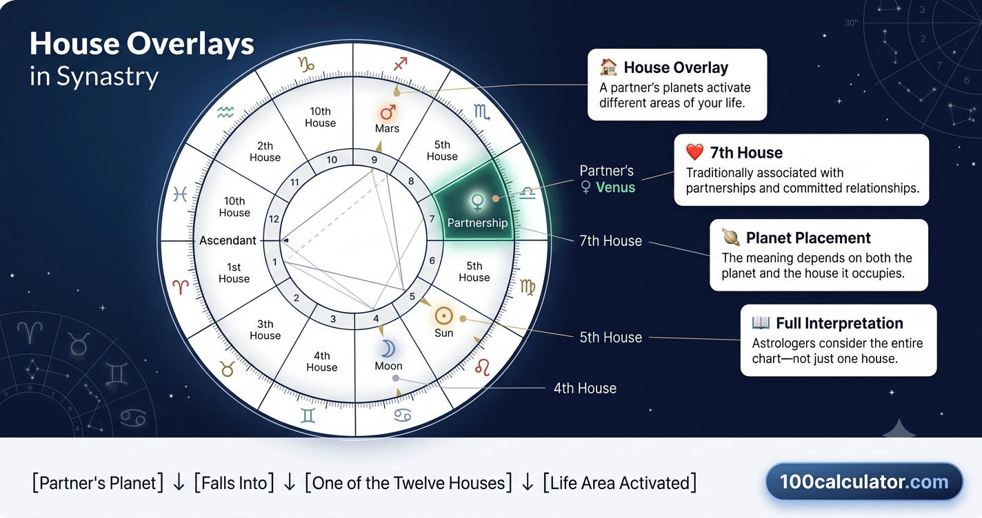 Birth chart wheel with all twelve houses numbered, highlighting the 7th house of partnership used in synastry overlays