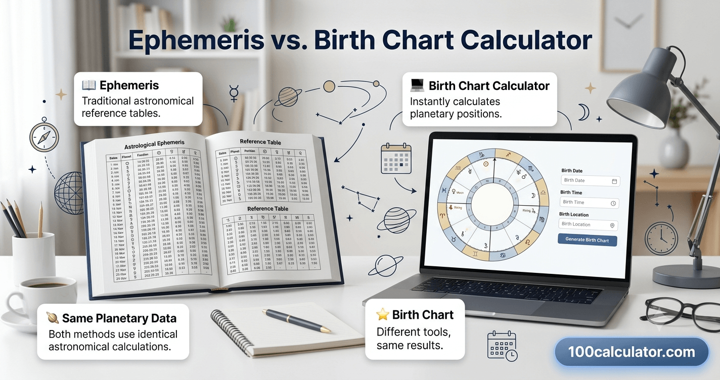 An astrological ephemeris table next to a birth chart wheel displayed on a laptop screen