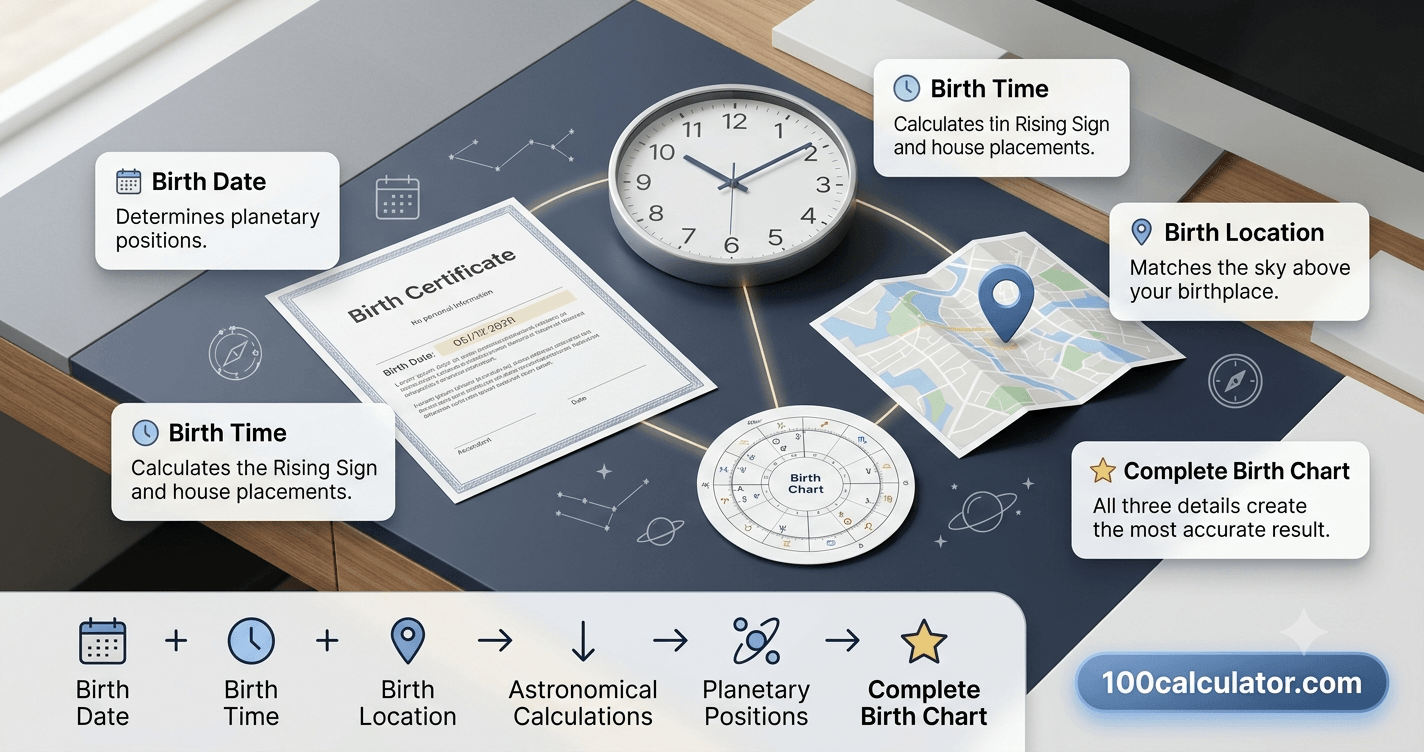A birth certificate, a clock, and a map pin representing the birth date, time, and location needed for accurate planetary positions