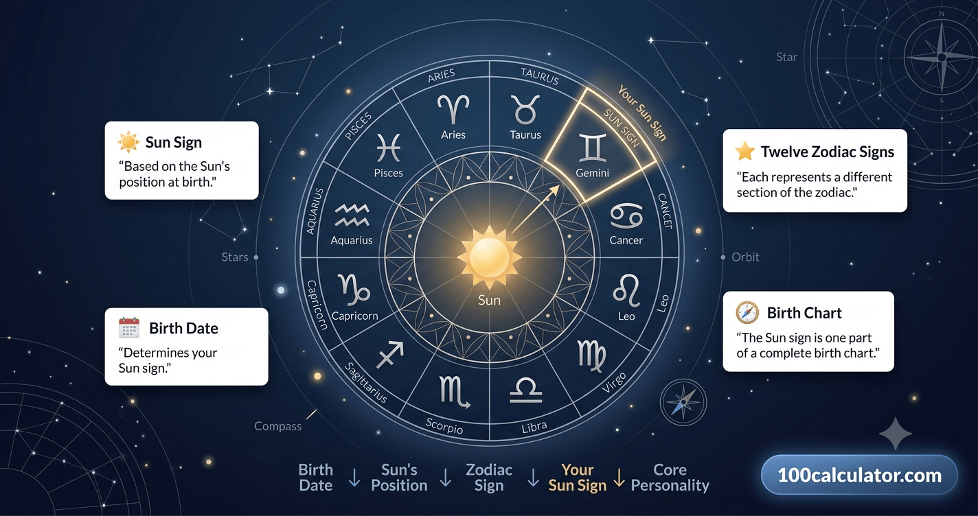 Zodiac wheel illustration showing the twelve sun sign symbols used to determine a person's Sun sign