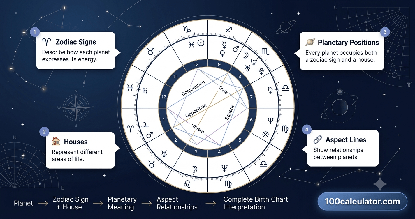 Birth chart wheel illustration showing the zodiac ring, planet symbols, and aspect lines