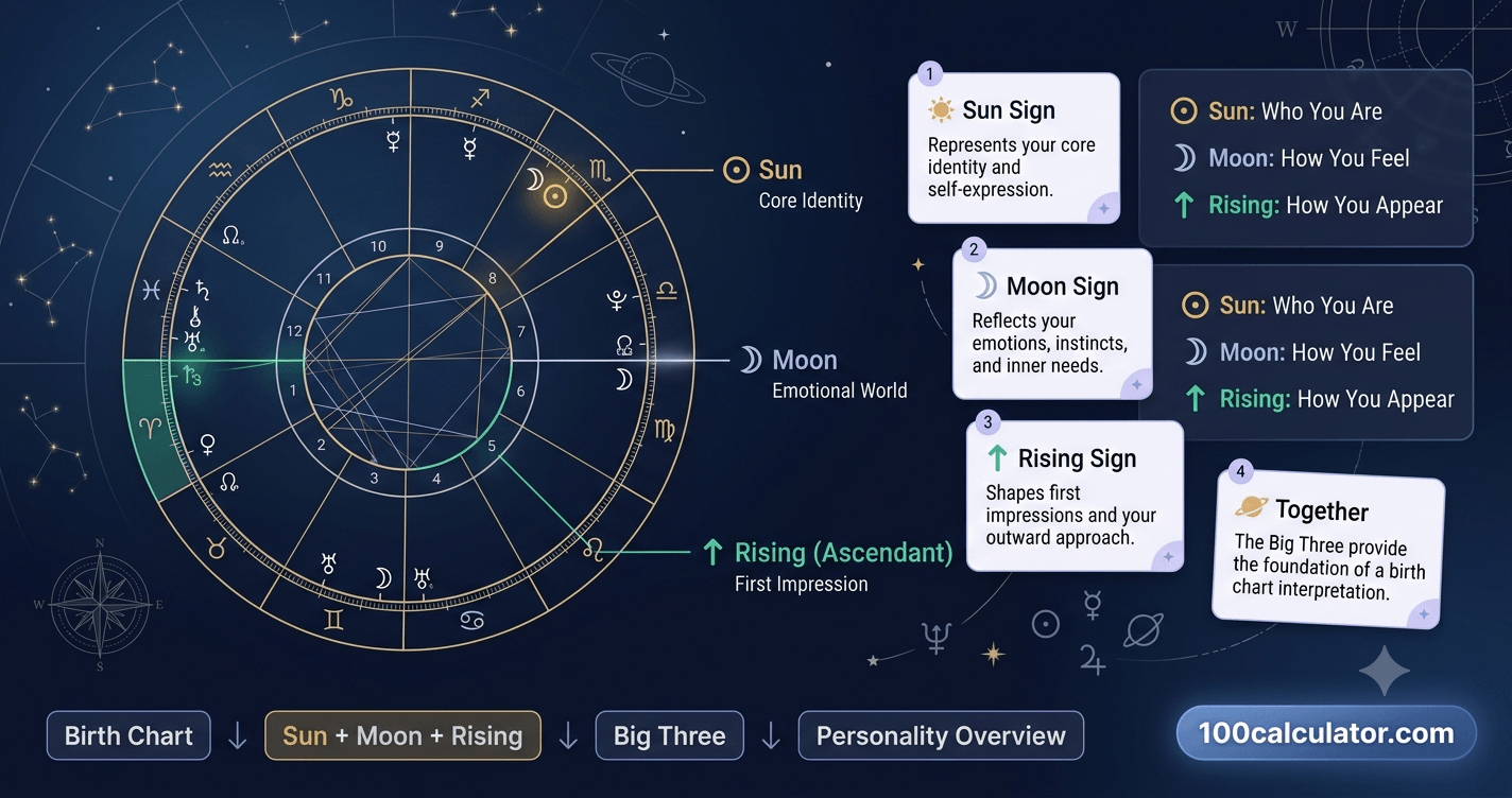 Circular birth chart wheel highlighting the sun, moon, and rising sign positions that together make up the Big Three in astrology