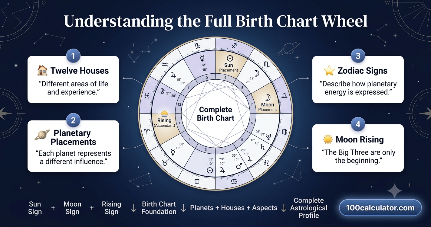 Birth chart wheel showing the twelve houses and planetary placements used in a complete astrological reading