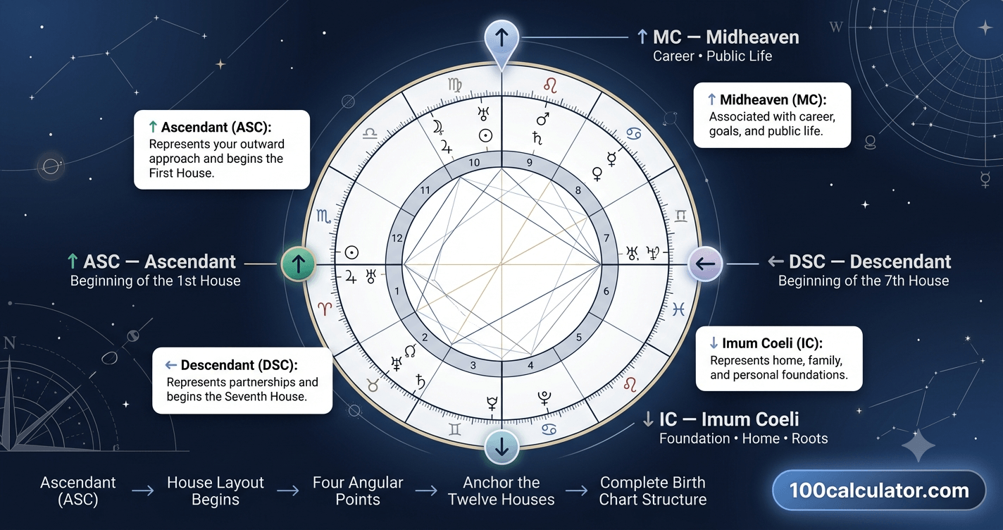 Close-up of a natal chart showing the house divisions and the four angular chart points
