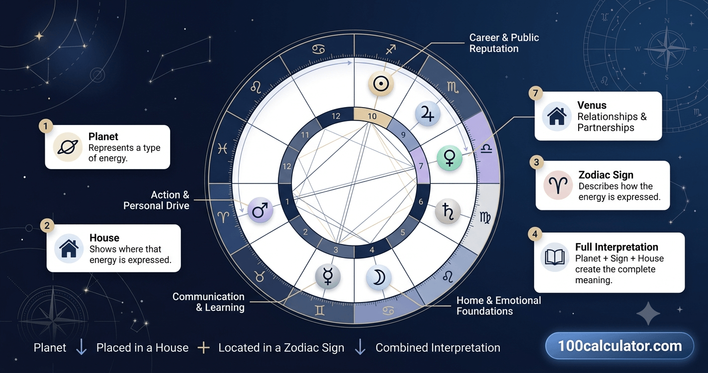 Planet glyphs placed within different houses of a birth chart, showing how planetary placement works