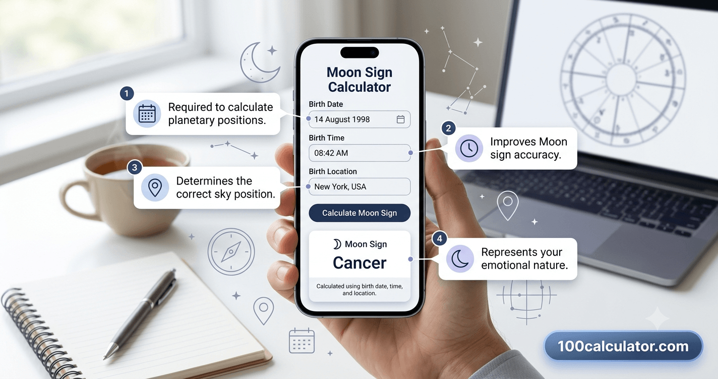 Phone screen showing a Moon sign calculator with birth date, time, and location fields and a calculated result