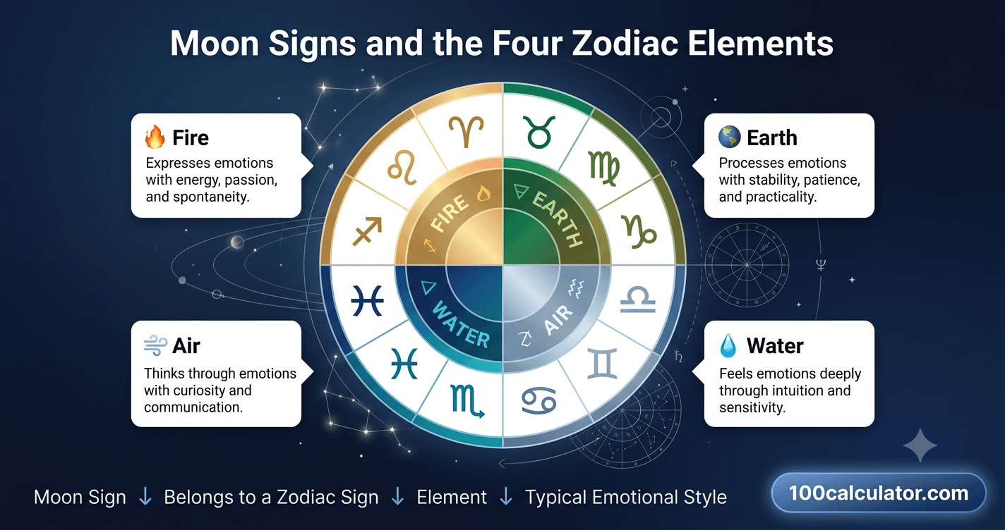 Illustrated zodiac wheel with the 12 signs grouped and color-coded by fire, earth, air, and water elements