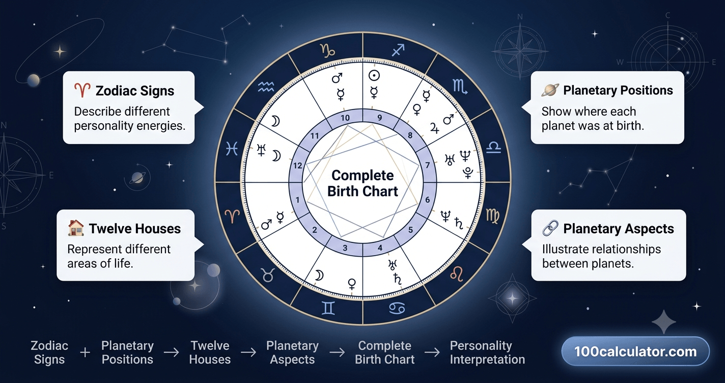 Circular astrological wheel divided into twelve houses with planet symbols placed around the rim