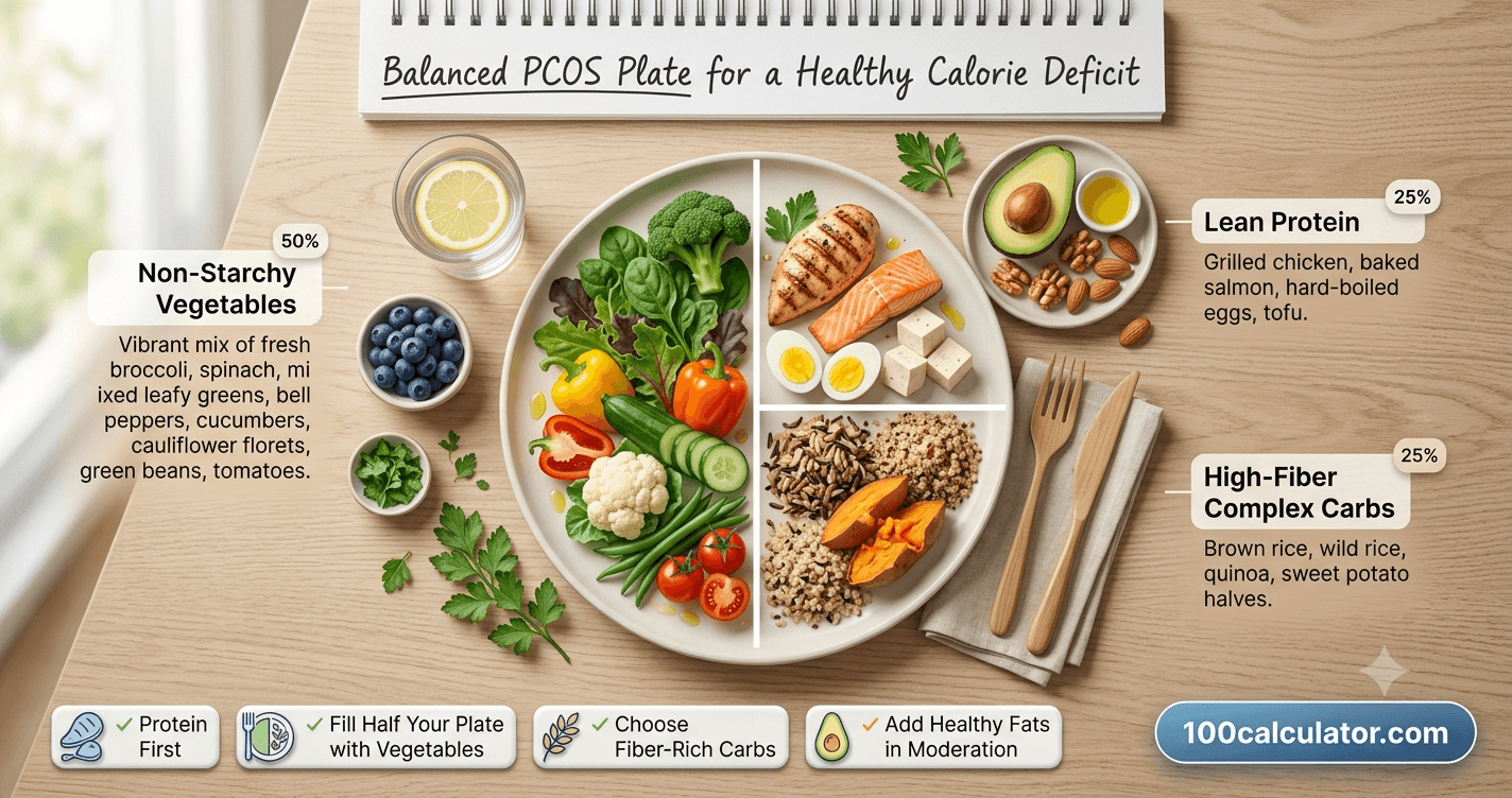 Diagram of a balanced PCOS-friendly plate with portions for lean protein, non-starchy vegetables, complex carbohydrates, and healthy fats