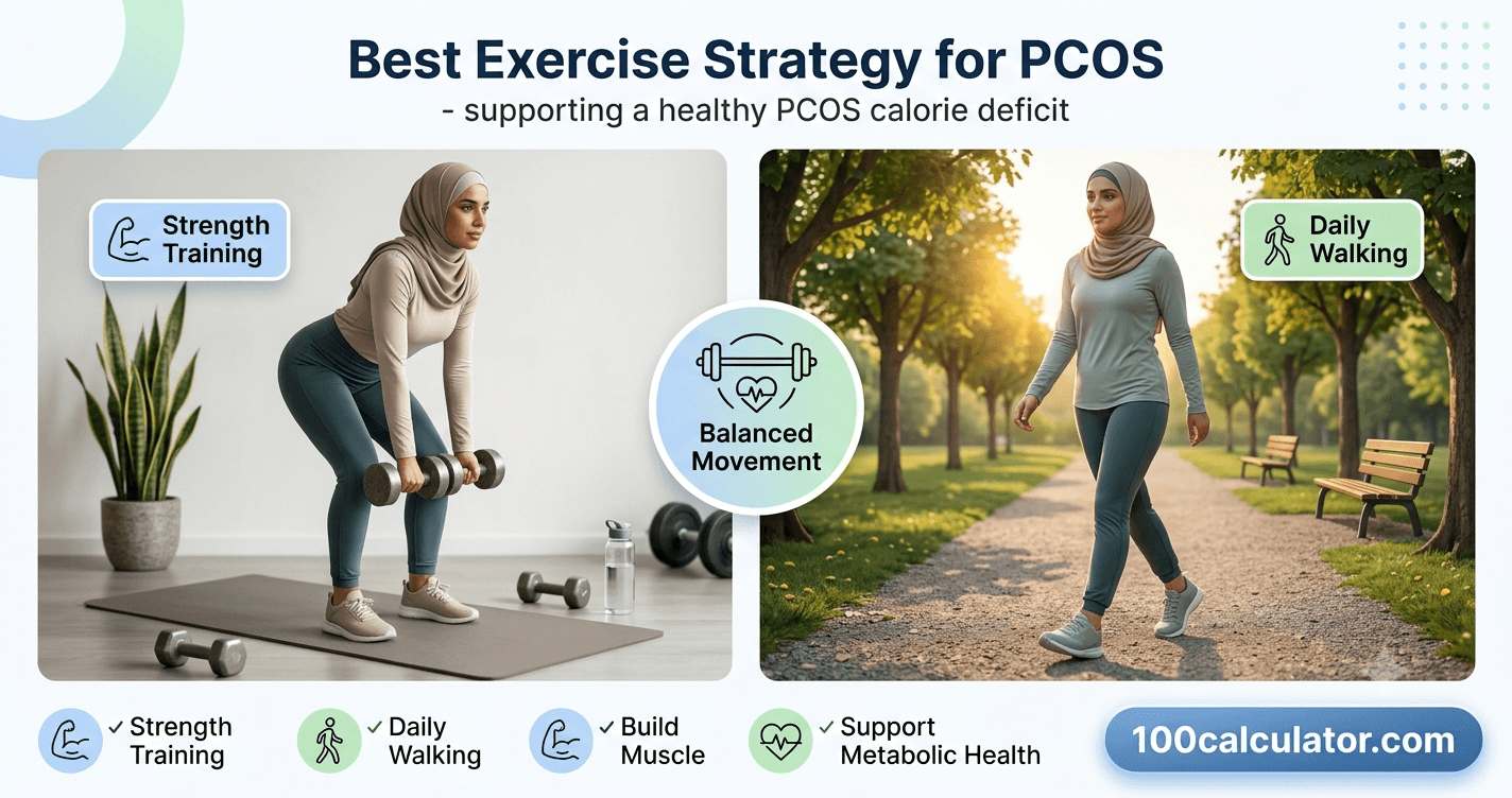 Woman alternating between light strength training and outdoor walking as part of a PCOS calorie deficit routine