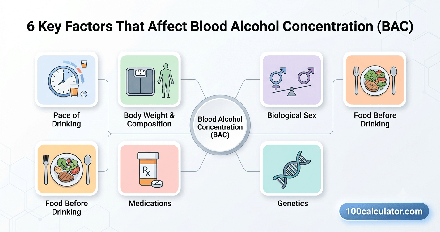 Icon grid illustrating the six main factors that affect blood alcohol concentration