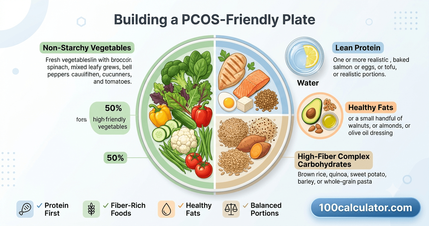 Illustration of a balanced PCOS-friendly plate divided into lean protein, fiber-rich carbohydrates, vegetables, and healthy fats