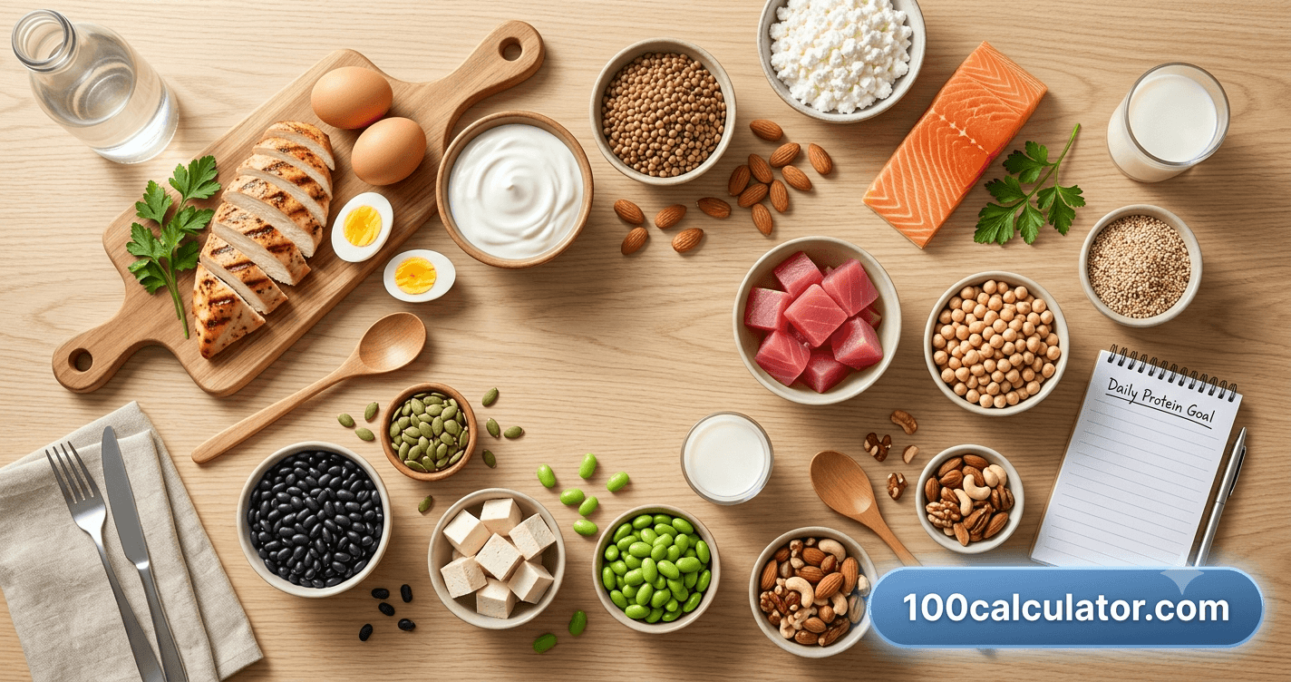 Overhead flatlay of high-protein foods including eggs, cooked chicken breast, Greek yogurt, lentils, and almonds
