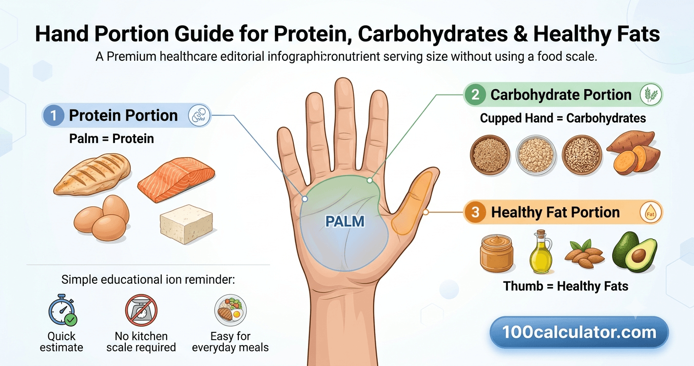 Hand diagram showing the palm-sized protein portion, cupped-hand carb portion, and thumb-sized fat portion used in the palm-and-fist method
