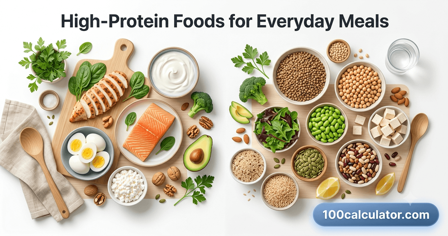 Flat-lay of high-protein foods including chicken breast, eggs, Greek yogurt, lentils, and salmon