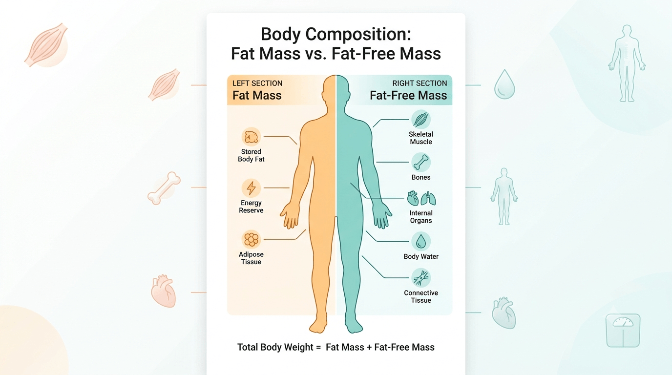 Diagram showing how total body weight splits into fat mass and fat-free mass, including muscle, bone, organs, and water