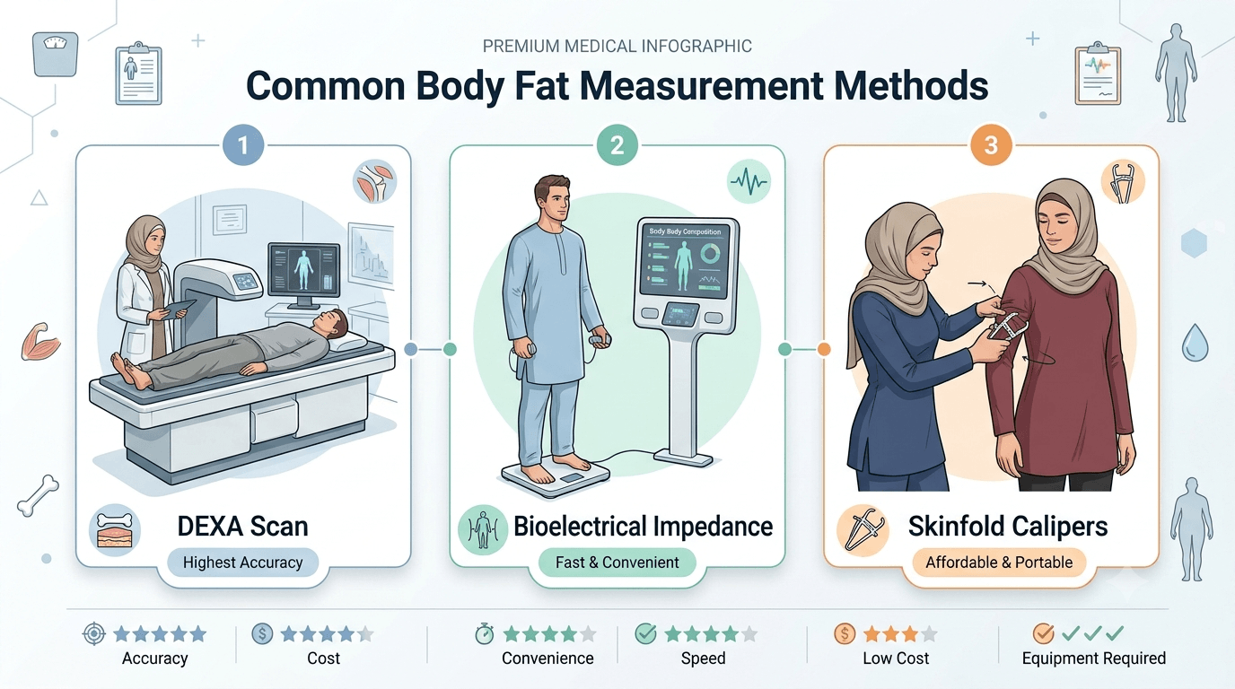 Comparison of common body fat percentage measurement methods, including DEXA scan, bioelectrical impedance, and skinfold calipers