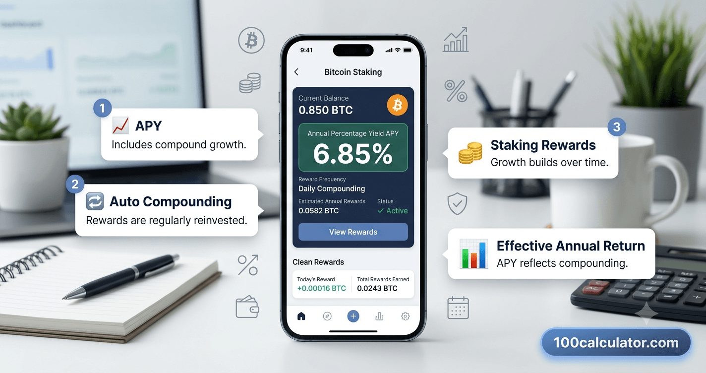 Crypto exchange app screen showing a staking rewards annual percentage yield displayed prominently