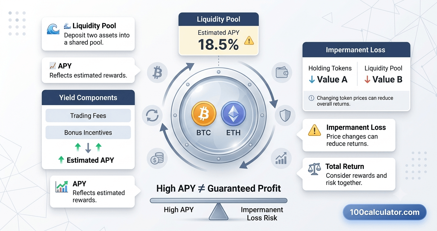 Illustration of two paired tokens in a liquidity pool with a caution symbol representing impermanent loss risk