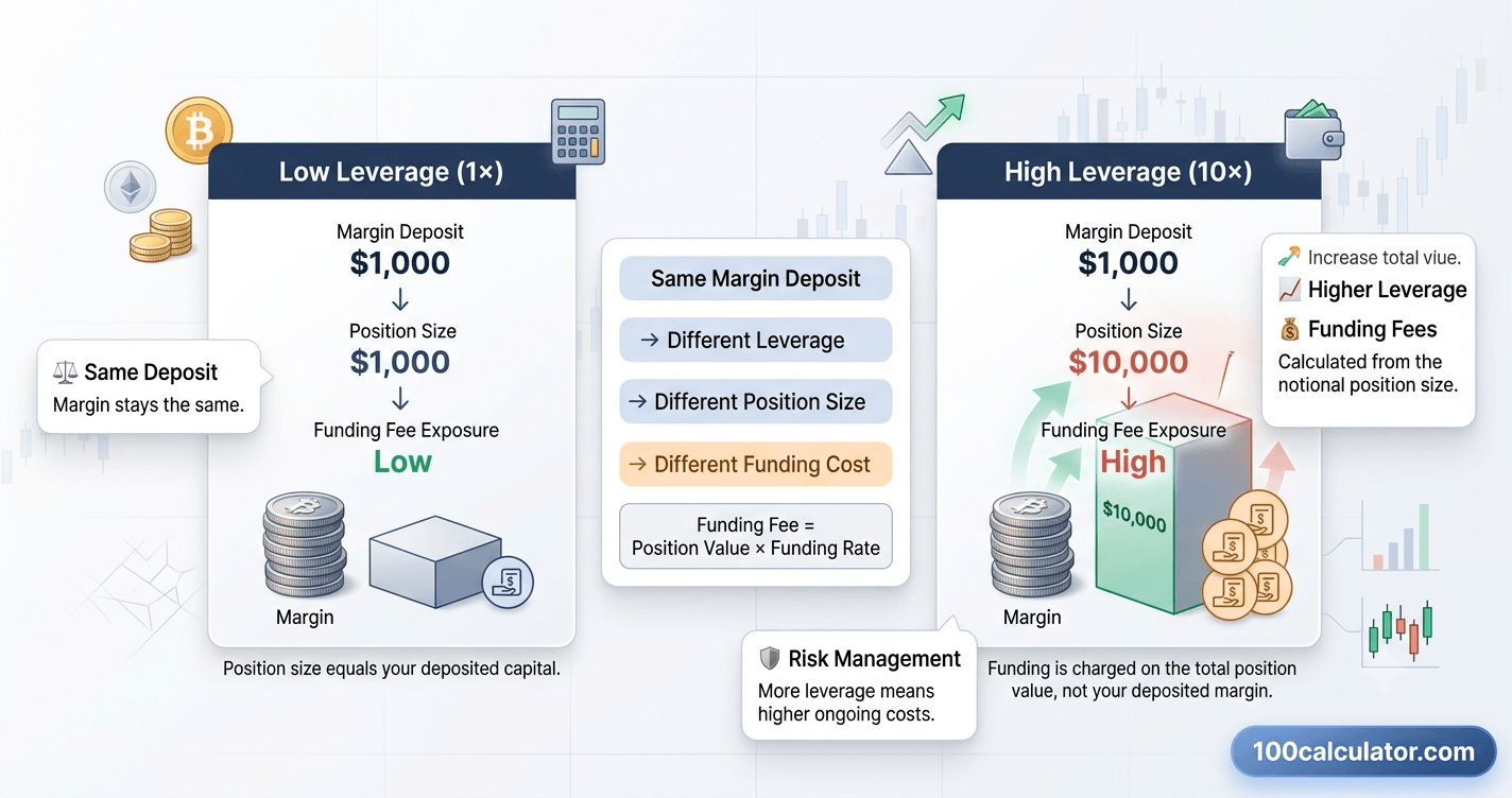 Side-by-side comparison of an unleveraged position and a 10x leveraged position built from the same margin deposit