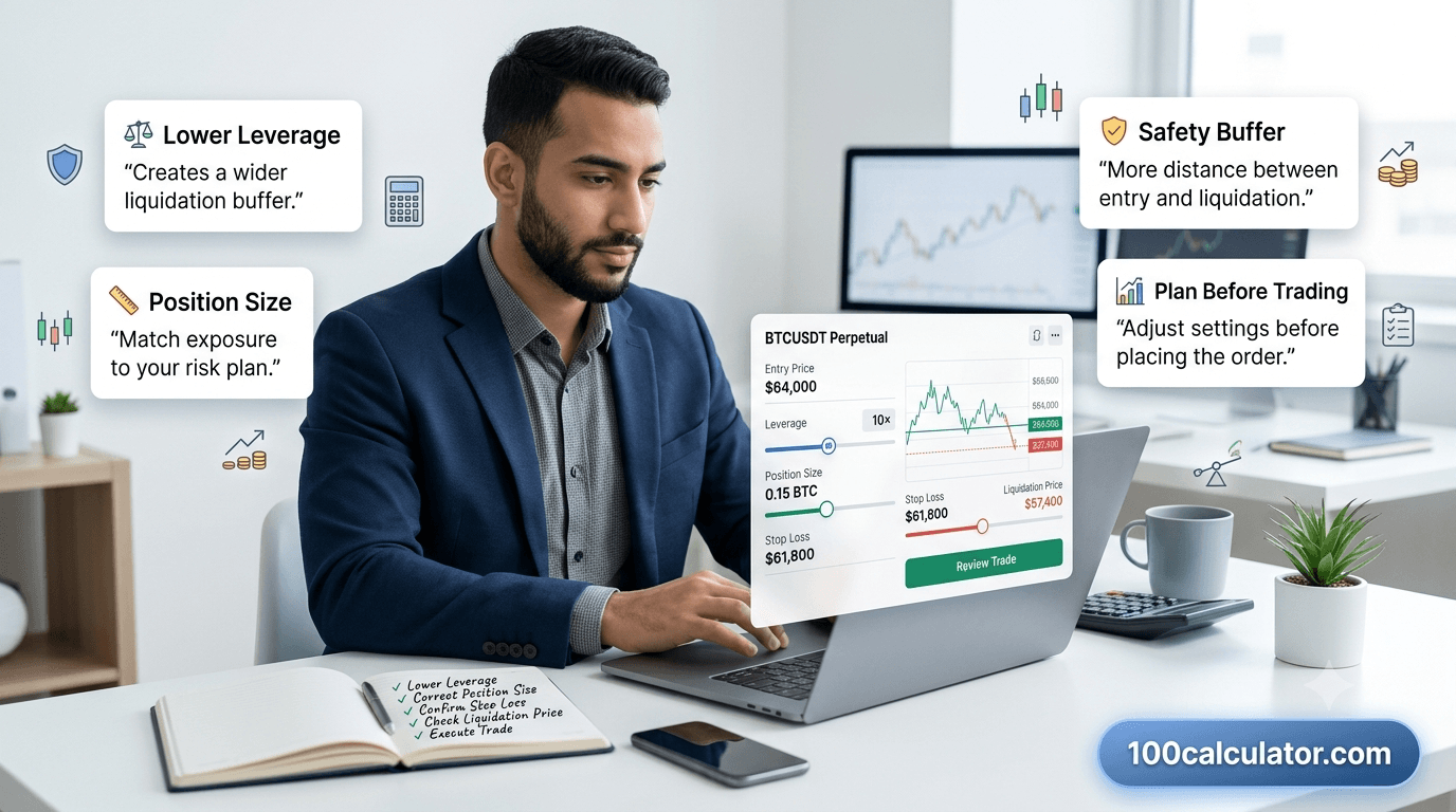 Trader adjusting leverage and position size before opening a crypto futures trade