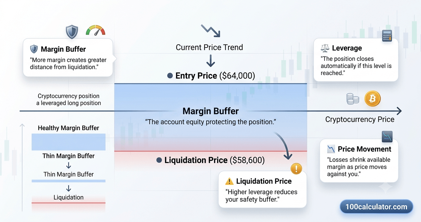 Diagram showing how entry price, margin buffer, and liquidation price relate on a leveraged crypto position