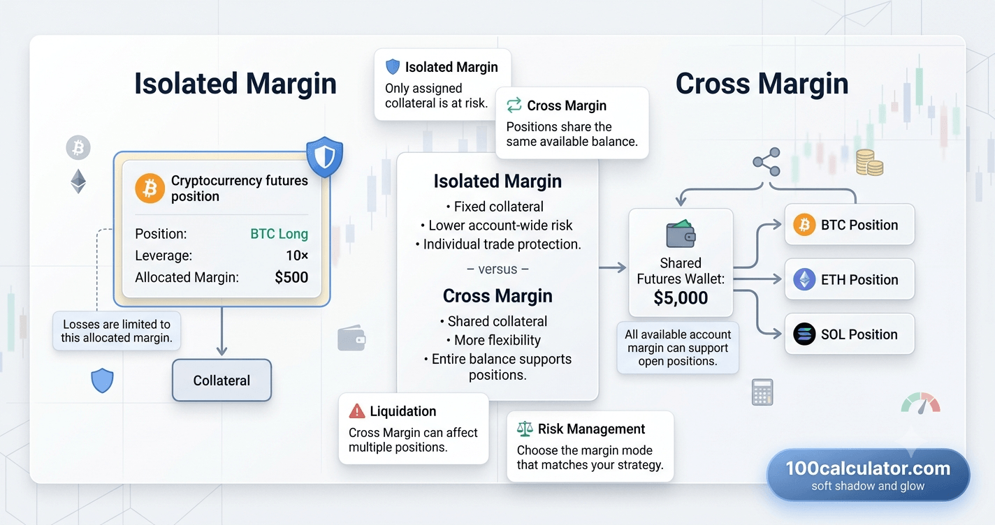 Illustration comparing how isolated margin and cross margin allocate collateral across crypto futures positions