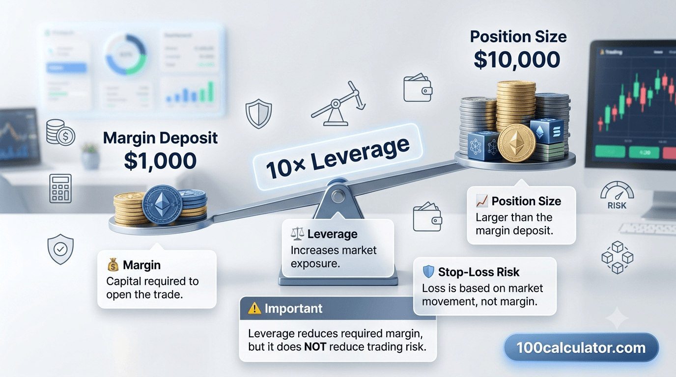 Diagram illustrating how a small margin deposit controls a larger crypto position size when using leverage
