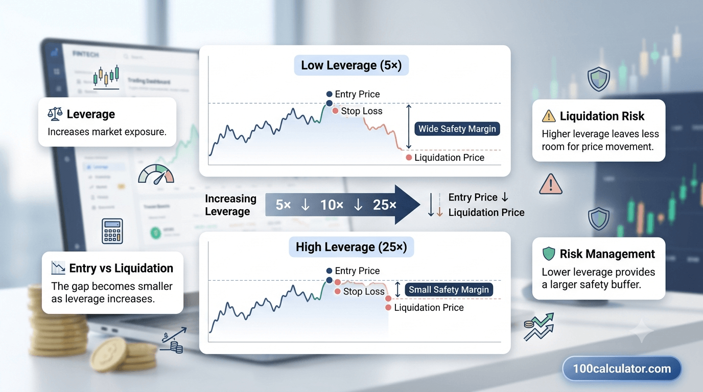 Diagram illustrating how higher leverage brings a crypto position's liquidation price closer to its entry price