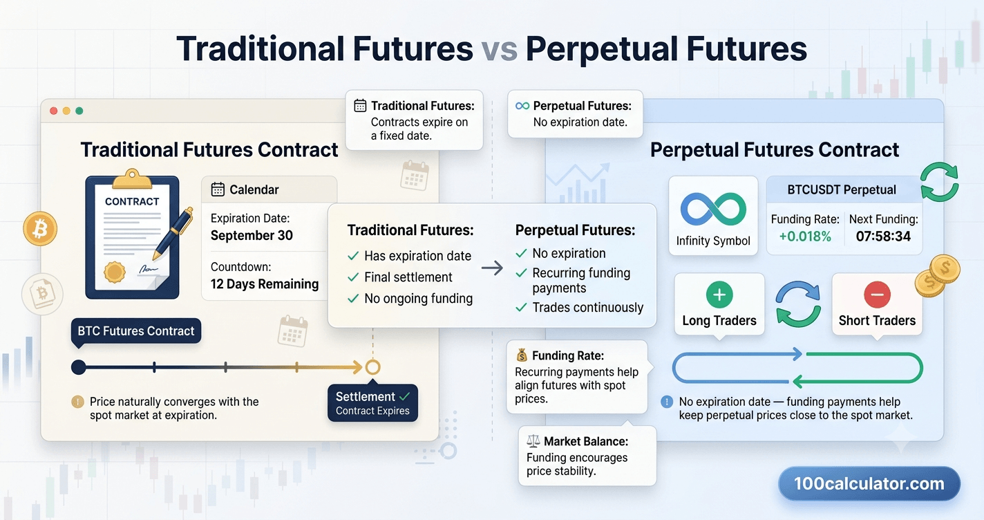 Diagram comparing a traditional futures contract that expires with a perpetual futures contract that uses a recurring funding mechanism instead