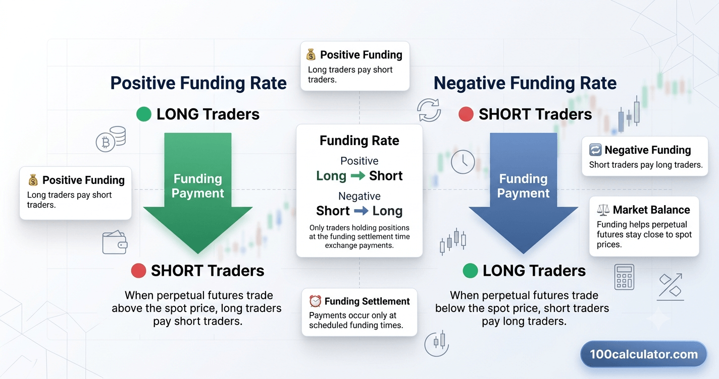 Diagram of a funding payment moving from a long trader to a short trader when the funding rate is positive