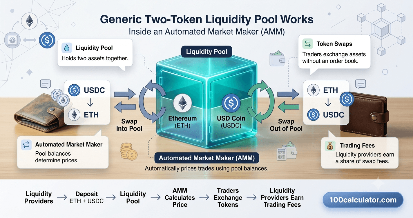 Diagram of an ETH and USDC liquidity pool showing how an automated market maker holds and prices two tokens