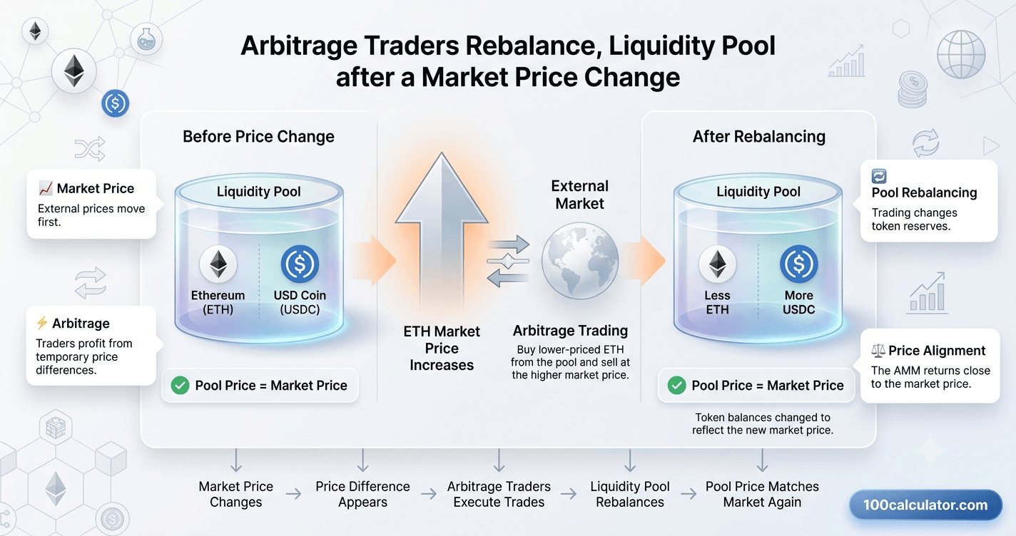 Before-and-after illustration showing a liquidity pool's token balance shifting after arbitrage traders rebalance it