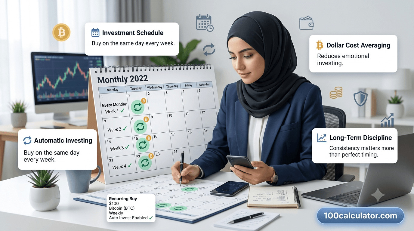 Monthly calendar with recurring dollar-cost averaging purchase dates highlighted for a crypto investment plan