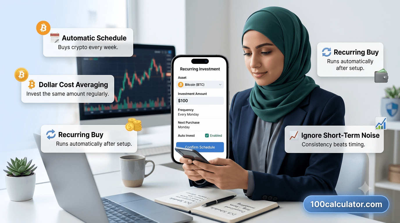 Illustration of a hand setting up a recurring weekly crypto purchase schedule on an exchange app