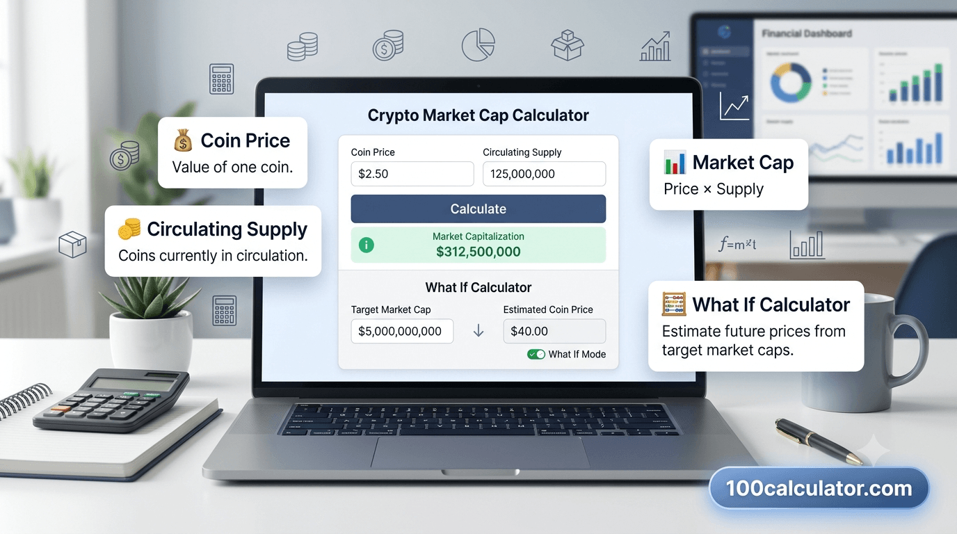 Illustration of a market cap calculator interface showing price and circulating supply inputs next to a calculated market cap result