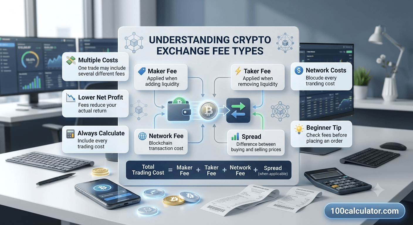 Diagram showing maker fees, taker fees, network fees, and spread as separate costs that can stack on a single crypto trade