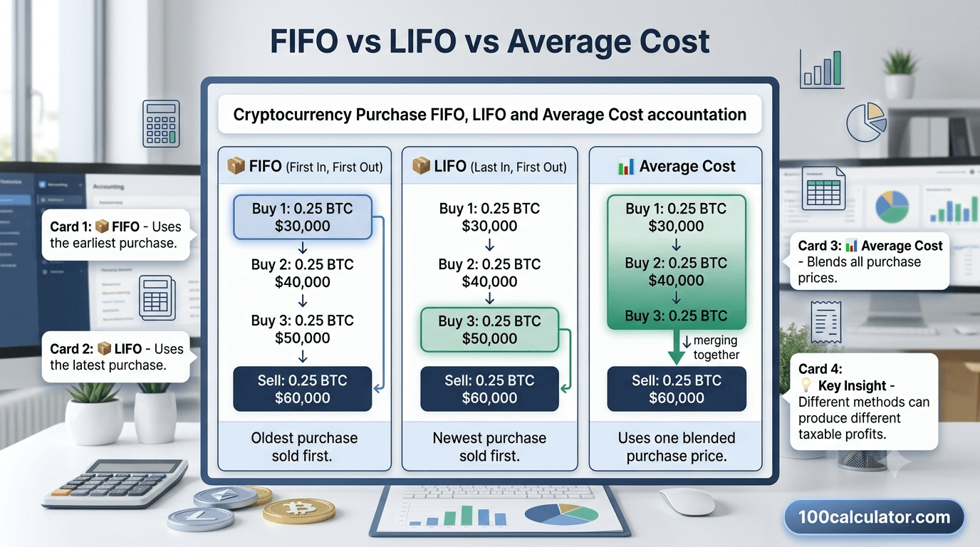 Side-by-side comparison of FIFO, LIFO, and average cost accounting methods applied to the same set of crypto purchases