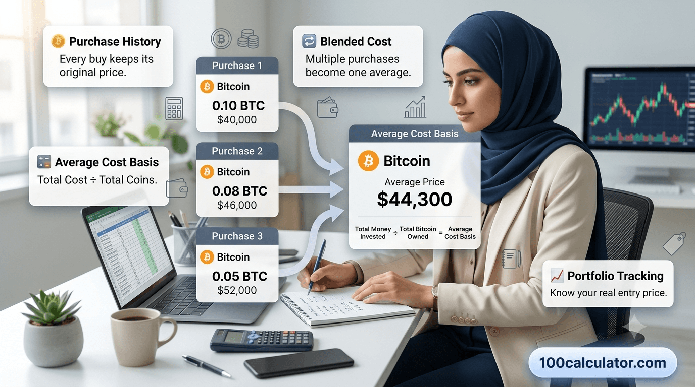 Diagram showing three separate crypto purchases at different prices blending into a single average cost basis