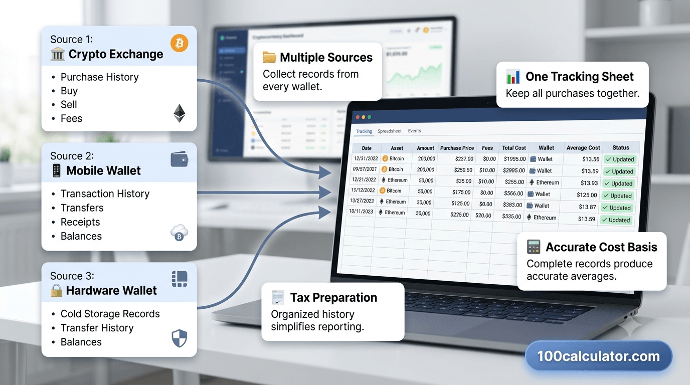 Multiple crypto exchange and wallet accounts feeding purchase records into one consolidated tracking sheet