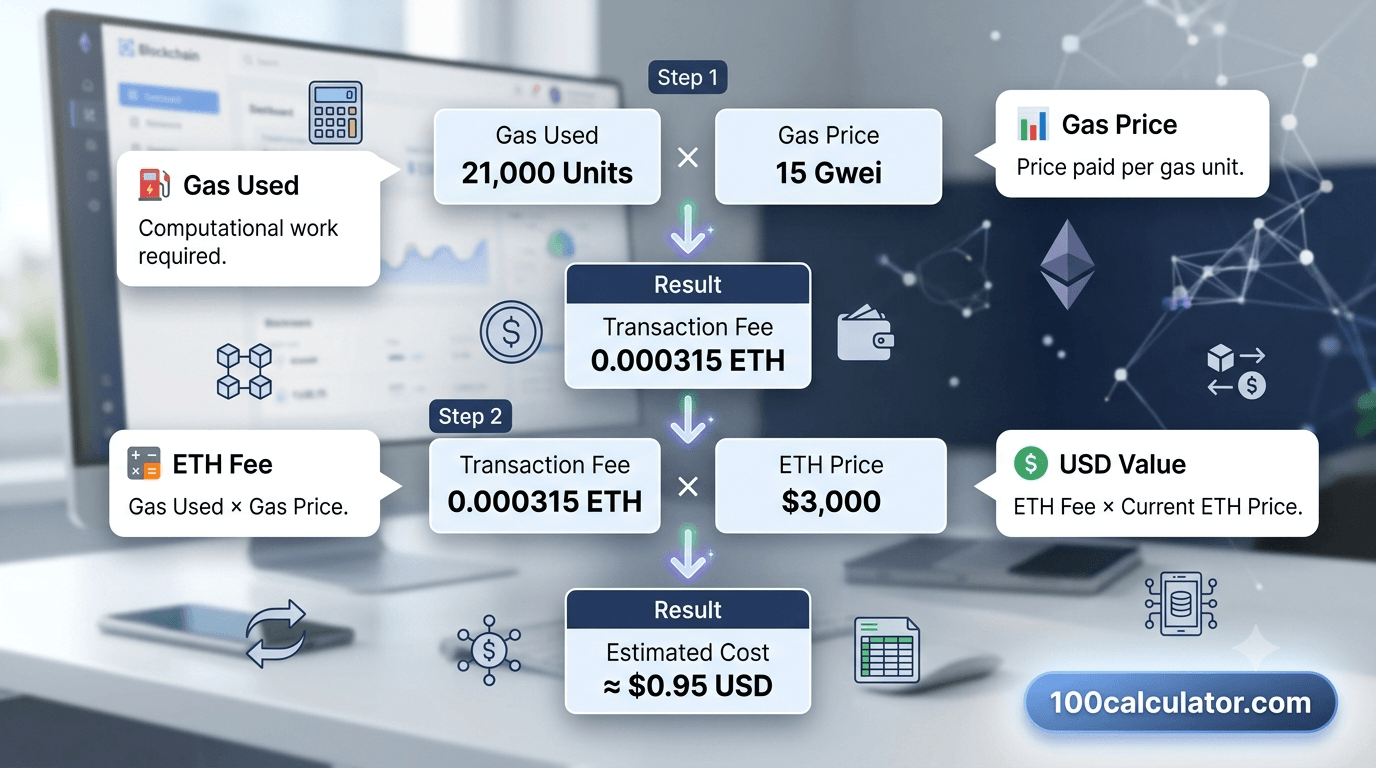 Flow diagram showing gas units multiplied by gas price to calculate a total Ethereum transaction fee, then converted into US dollars