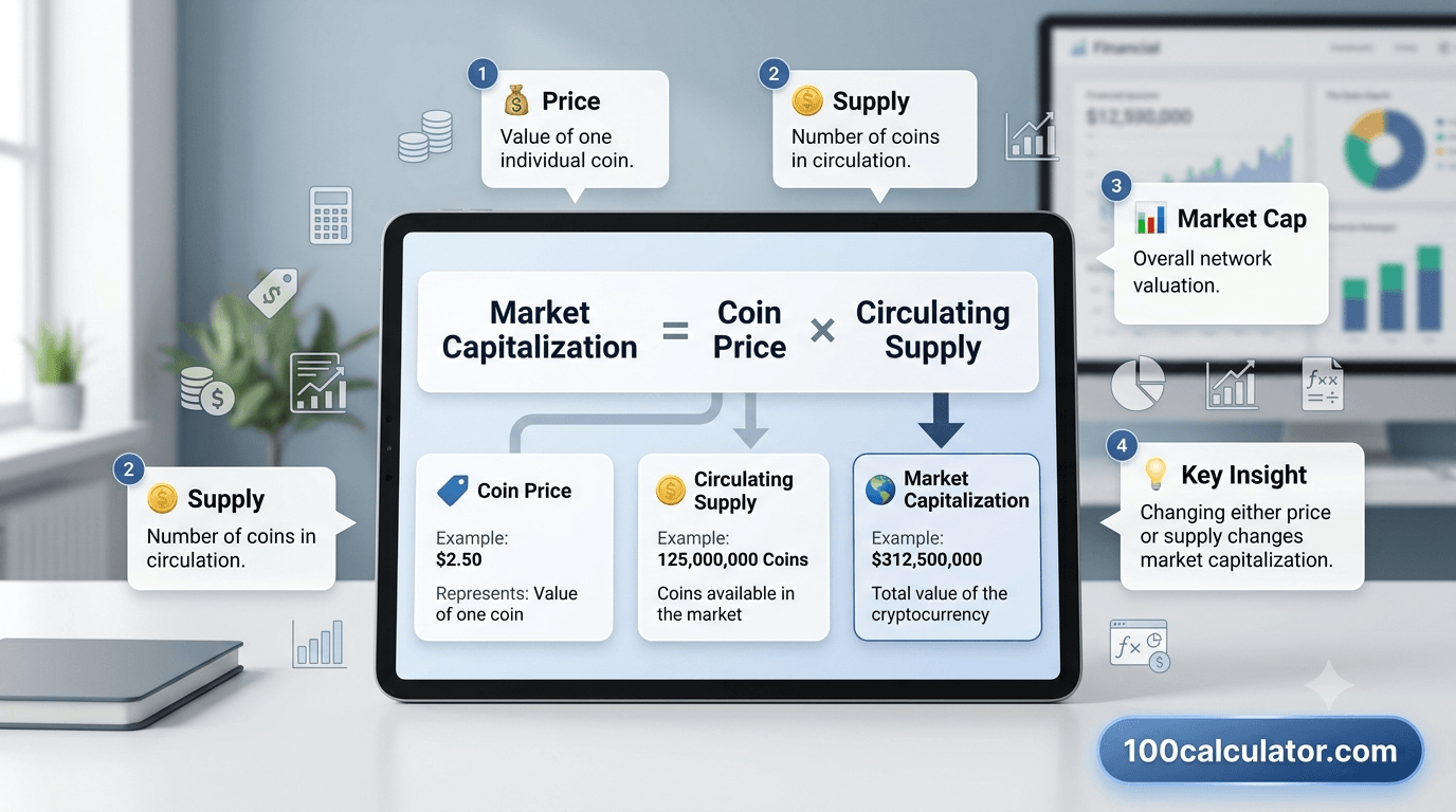 Diagram illustrating that market cap equals current price multiplied by circulating supply