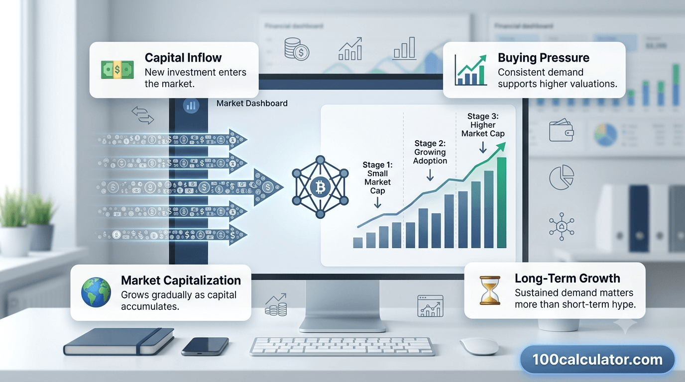 Illustration representing sustained capital flowing into a market over time to grow a coin's market cap
