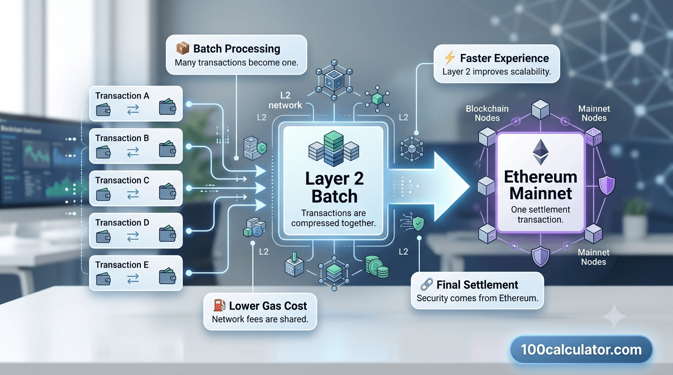 Diagram showing several Ethereum Layer 2 network transactions bundling together and settling back onto Ethereum mainnet