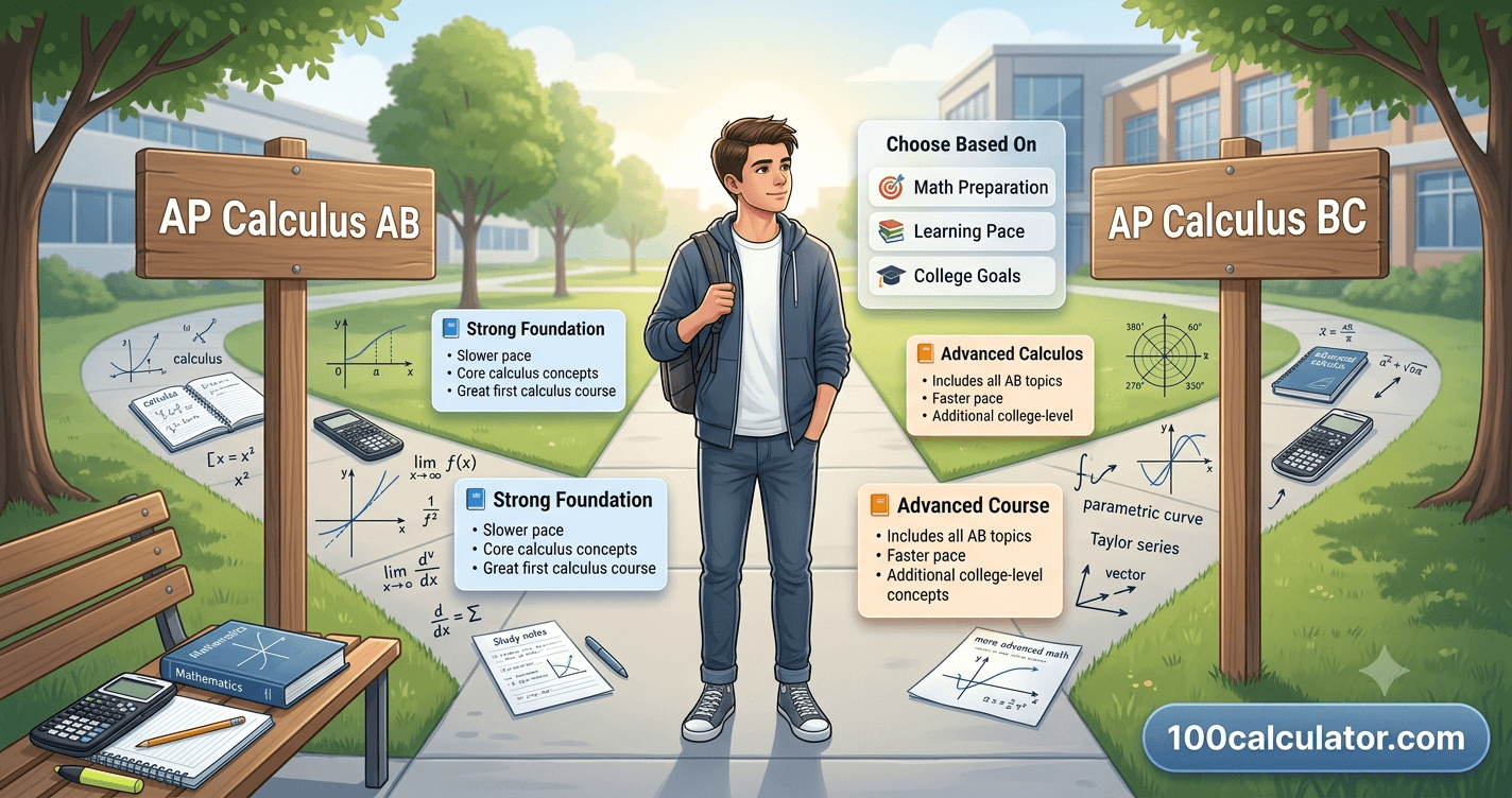 Student at a fork in the road choosing between the AP Calculus AB path and the AP Calculus BC path