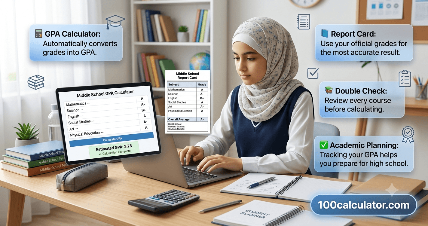 Student using a laptop to check grades with an online middle school GPA calculator next to a printed report card
