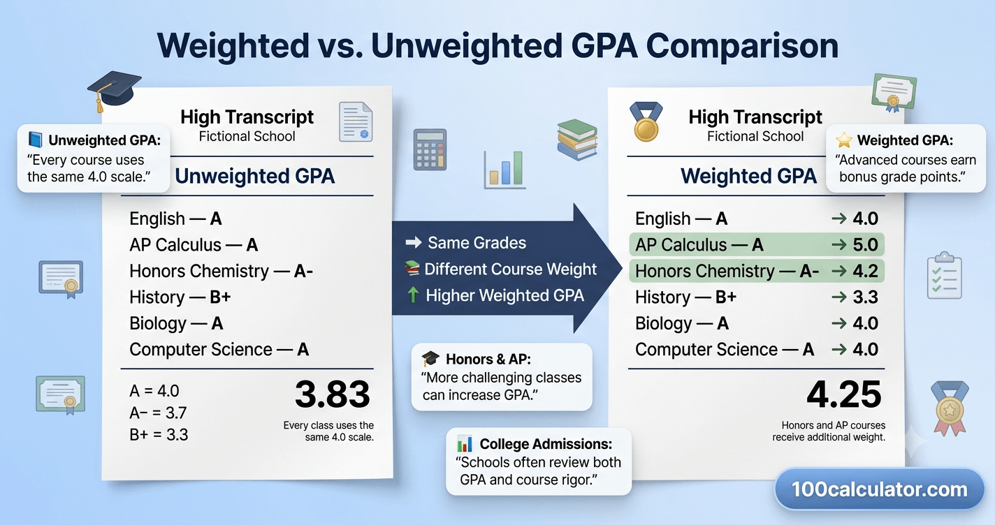 Sample report card showing letter grades, credit hours, and calculated grade points for each class