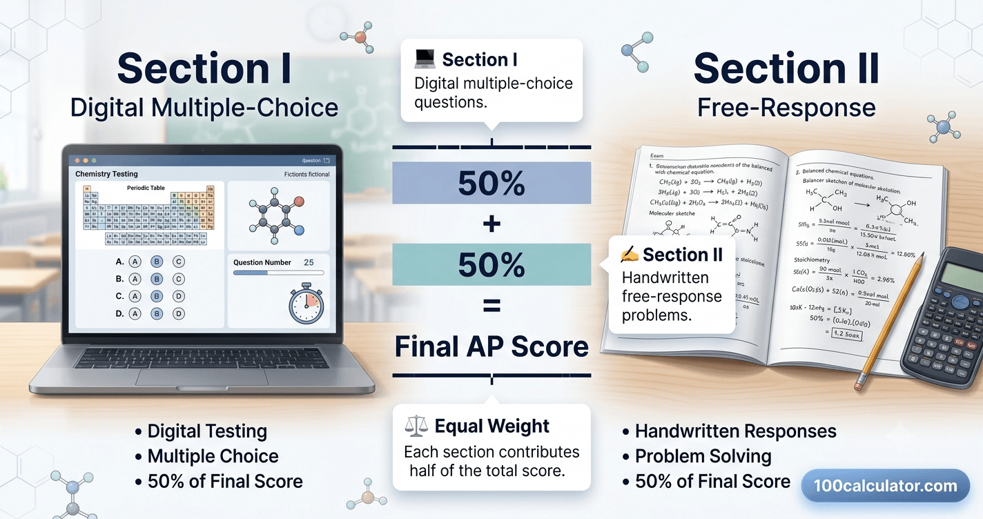 Side-by-side comparison of the AP Chemistry Exam's digital multiple-choice section and handwritten free-response section, each worth 50 percent of the final score