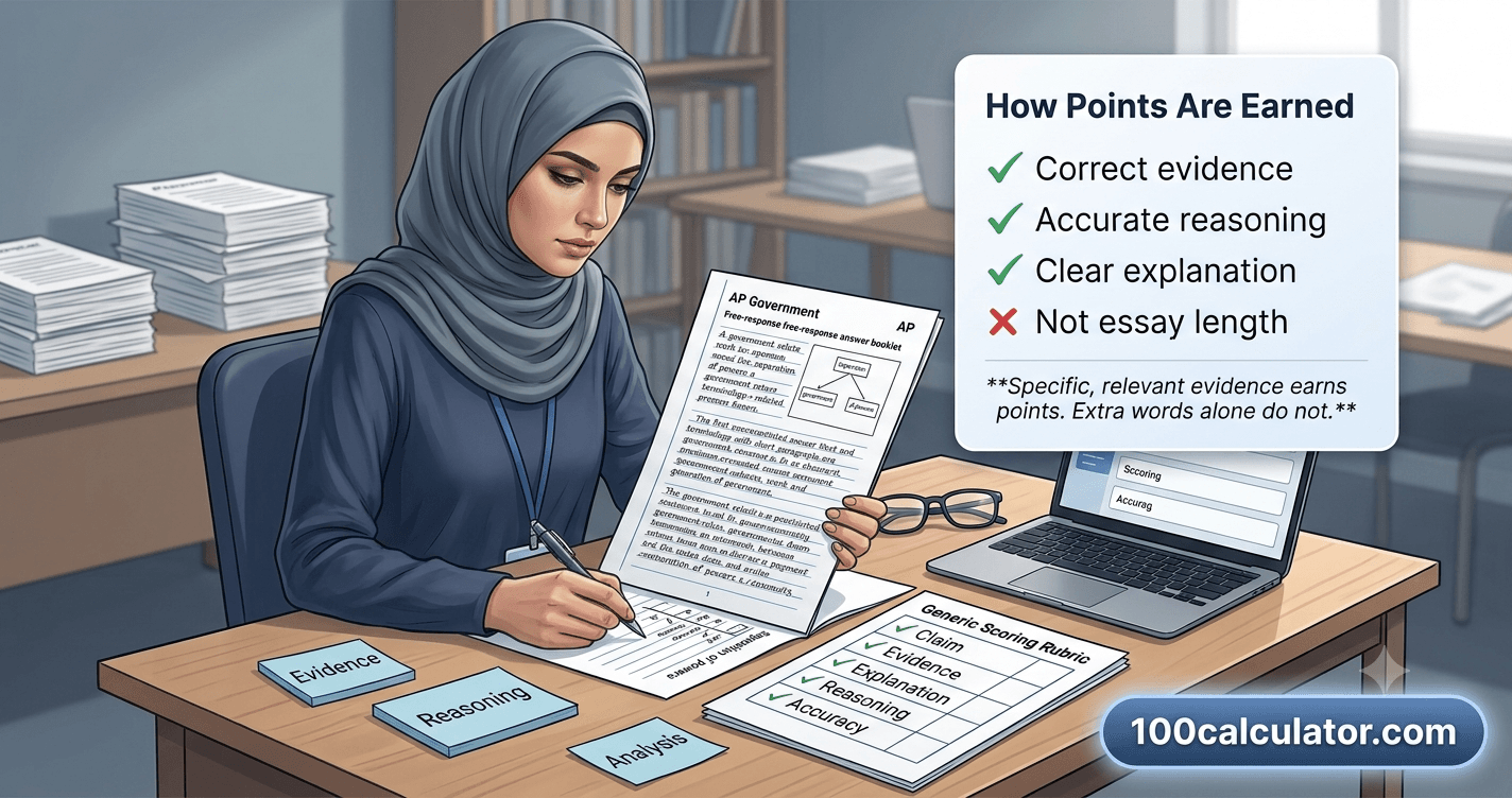 AP Reader scoring an AP Government and Politics free-response answer against an official College Board rubric